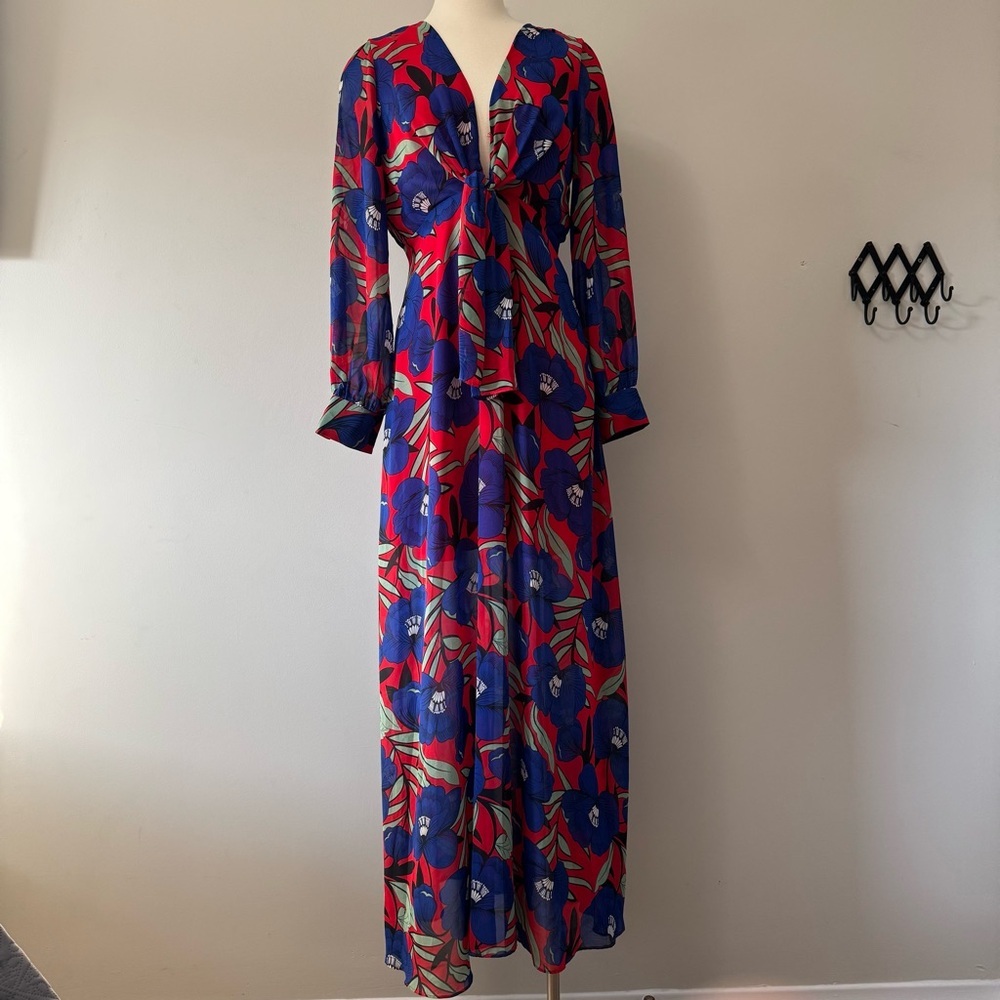 Aakaa Blue and Red Maxi Dress with Bishop Sleeves SZ Medium